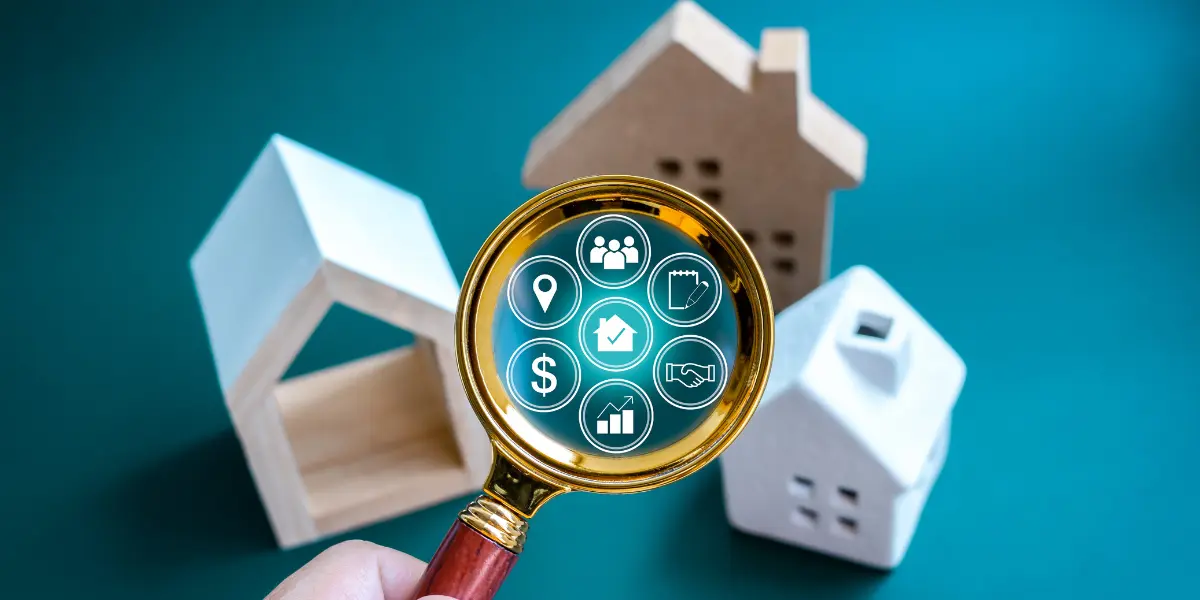 Captação de imóveis: imagem mostra três miniaturas de casas e uma lupa no meio com ícones dentro da lupa que mostram um ícone de localização, pessoas, cifrão, gráfico, casa, um papel e um lápis.