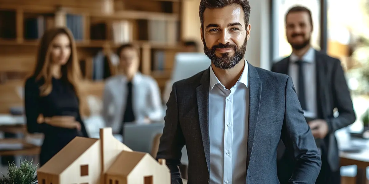 Curso TTI: imagem mostra um homem a frente, em primeiro plano, e ao lado dele o telhado de duas miniaturas de casa feitas em madeira. Mais três pessoas estão ao fundo, desfocadas. Eles estão em uma sala tipo escritório.