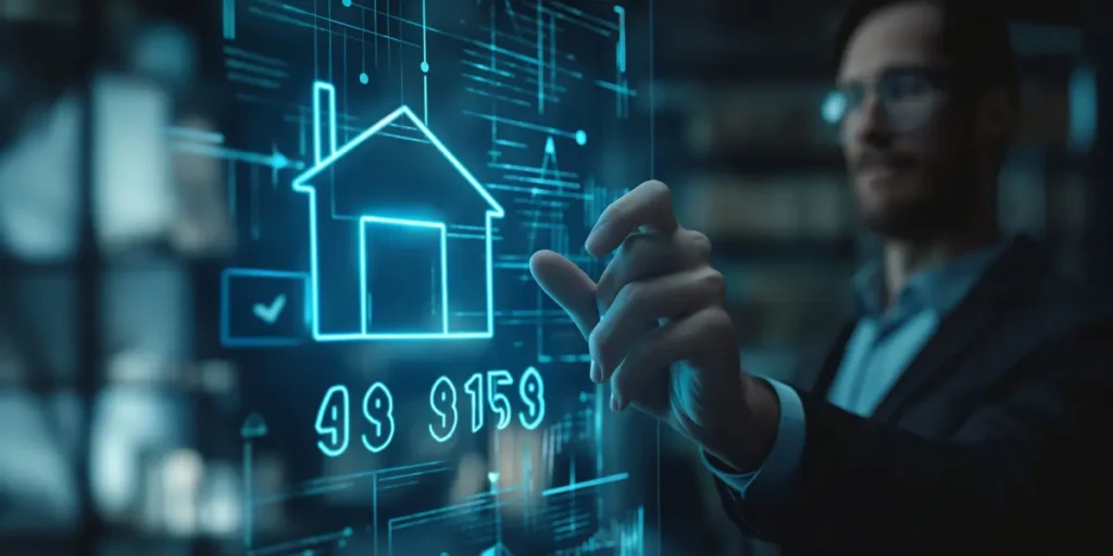 Precificação dinâmica de imóveis: A imagem mostra um homem interagindo com uma tela digital que exibe gráficos e um ícone de casa em néon azul.