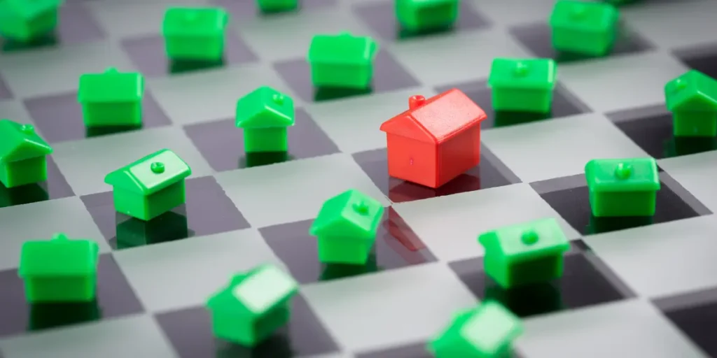 Precificação dinâmica de imóveis: A imagem mostra uma composição com miniaturas de casas verdes dispostas em um tabuleiro de xadrez, com uma casa vermelha em destaque, criando um contraste visual.