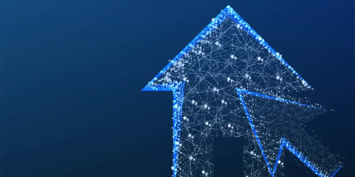 Precificação dinâmica de imóveis: Uma ilustração digital abstrata exibe duas setas ascendentes formadas por linhas e pontos luminosos.