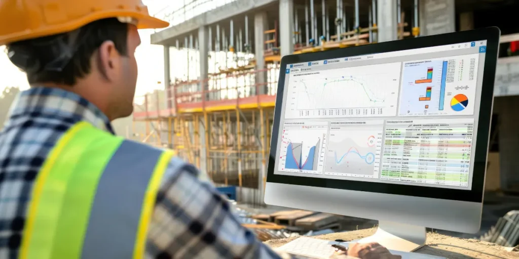 Dashboard na construção civil: A imagem mostra um trabalhador da construção civil analisando dados e gráficos detalhados, num monitor de computador, com o canteiro de obras ao fundo, sugerindo monitoramento e planejamento.