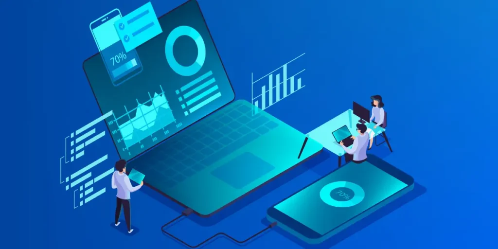 Dashboard na construção civil: A composição da cena é organizada em torno de um laptop central, ladeado por um smartphone e uma mesa com duas pessoas. O laptop exibe gráficos e informações, com dados flutuando ao seu redor, enquanto um smartphone em primeiro plano e uma equipe trabalham em uma mesa à direita.