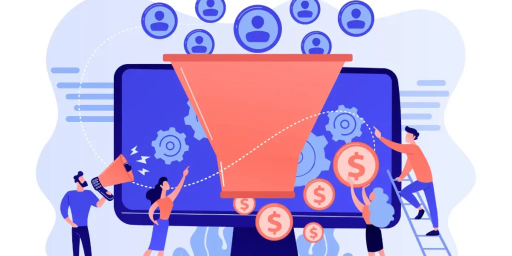 Gestão de leads imobiliários Gestão de leads imobiliários: A ilustração mostra um monitor de computador estilizado que serve como pano de fundo para um funil vermelho, simbolizando o processo de vendas.  No topo, as figuras redondos de pessoas em sombreado representam potenciais clientes, que são alimentados pelo funil. Na parte inferior, moedas com símbolos de dólar. Os personagens se movem ao redor do monitor, interagindo com elementos, como um homem usando um megafone, uma mulher aponta para o funil e outra sobe em uma escada para adicionar mais moedas de dólar.
