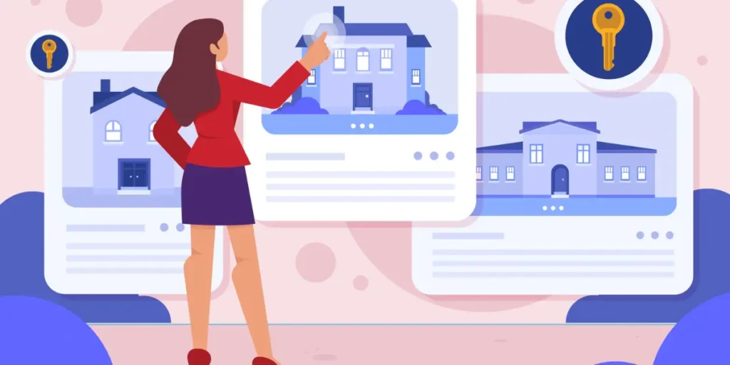 Gestão de leads imobiliários Gestão de leads imobiliários: A cena é composta por uma mulher de pé em frente a três telas flutuantes que exibem as representações de casas em diferentes estilos.