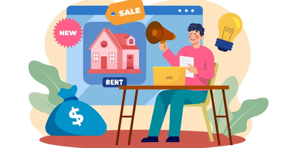 anúncios imobiliários pagos anúncios imobiliários pagos: 
A composição da cena apresenta um homem sentado atrás de uma mesa, segurando um megafone e papéis, sugerindo uma ação de anúncio ou promoção. Atrás dele, um ícone de um computador mostra uma casa com as palavras "Sale", "New" e "Rent", indicando opções de venda e aluguel de imóveis. A posição dos elementos é organizada para criar uma sensação de foco no processo de marketing imobiliário, com um saco de dinheiro simbolizando investimento.