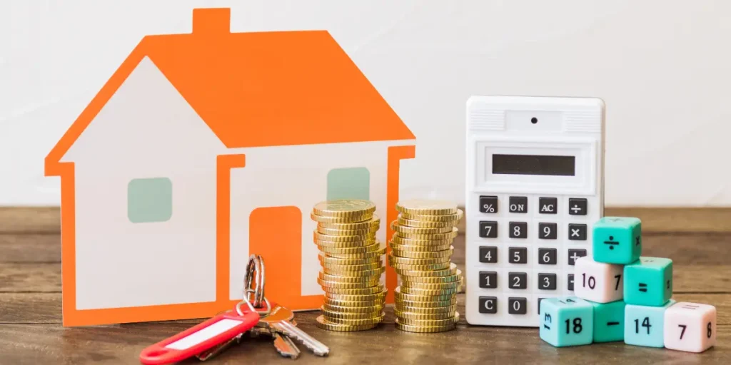 anúncios imobiliários pagos anúncios imobiliários pagos: A cena é composta por vários elementos dispostos em uma superfície de madeira escura, com o fundo branco. Uma casa de papelão laranja com detalhes em branco está posicionada no canto superior esquerdo. À sua direita, pilhas de moedas douradas sugerem economia. Uma calculadora branca e um conjunto de cubos com cálculos matemáticos estão posicionados no lado direito. No canto inferior esquerdo, um conjunto de chaves com um chaveiro vermelho completa a composição.