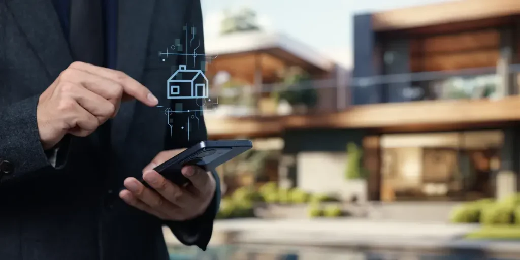 Imóveis de luxo:  Imóveis de luxo: 
A composição da cena apresenta um close-up focado nas mãos de um indivíduo vestido com um traje formal, segurando um smartphone. Um ícone digital de uma casa, com linhas e formas estilizadas, paira sobre o telefone. O fundo desfocado revela uma casa moderna e luxuosa,