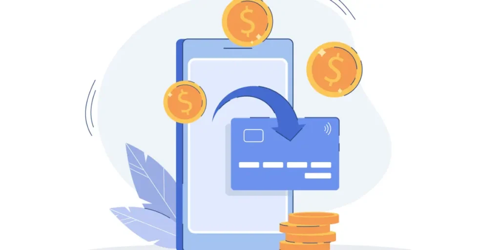 pagadoria online: pagadoria online: ilustração mostra uma tela de celular com uma seta saindo de dentro a apontando para um cartão de crédito. Ao lado há moedas com cifras de dinheiro.