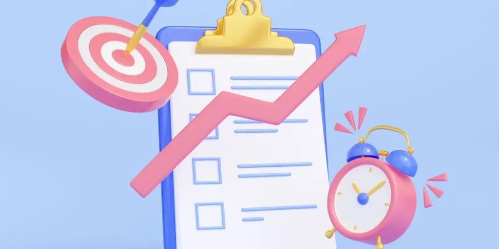 processo comercial em incorporadoras: A ilustração é composta por vários elementos flutuantes contra um fundo azul claro, com uma prancheta azul como peça central, sobre a qual elementos como um alvo de dardo, um gráfico de crescimento e um despertador são adicionados. O dardo acerta o centro do alvo, e a seta de progresso sobe para a direita,