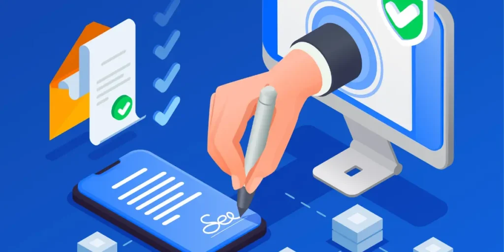 Assinatura eletrônica imobiliária Assinatura eletrônica imobiliária: A ilustração isométrica demonstra o processo de assinatura digital, apresentando uma mão emergindo de um monitor para assinar um documento em um smartphone.