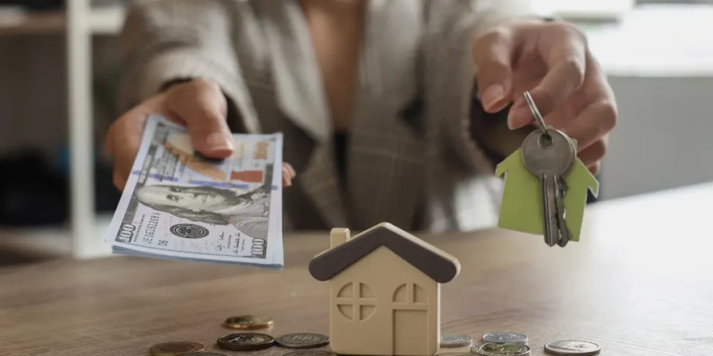 comissão imobiliária comissão imobiliária: Imagem mostra uma mulher segurando em uma das mãos cédulas de dinheiro e na outra duas chaves com um chaveiro em formato de casa. Em frente a ela há uma miniatura de uma casa e moedas espalhadas em uma mesa.