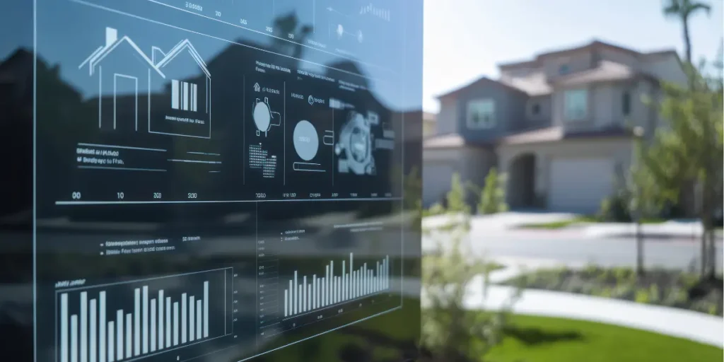 IA para o mercado imobiliário IA para o mercado imobiliário: imagem mostra uma casa desfocada, em segundo plano, e em primeiro plano um tela digital, posicionada de forma lateral, com gráficos e tabelas em 3D.