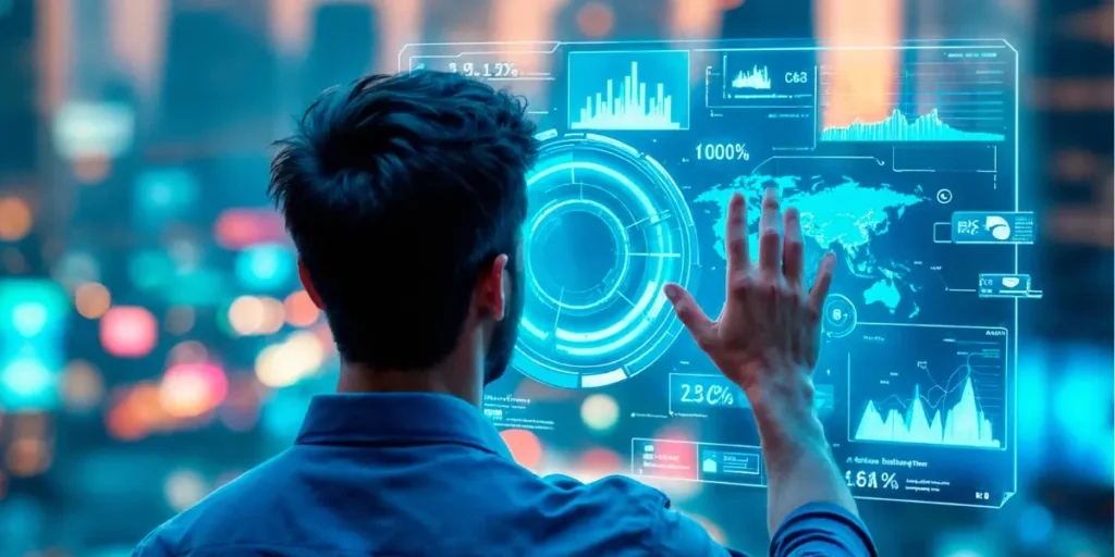 IA para o mercado imobiliário IA para o mercado imobiliário: imagem mostra um rapaz de costas tocando em uma tela digital, com ícones em 3D, que mostram gráficos, tabelas, porcentagens. No fundo há luzes desfocadas.