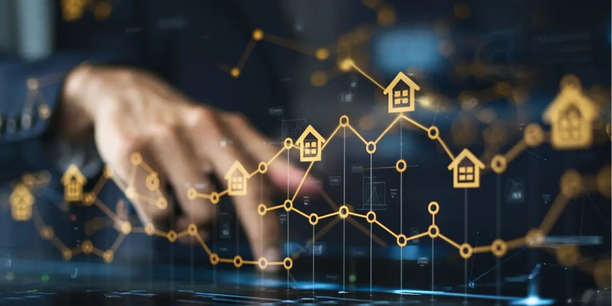 Pós-venda no mercado imobiliário: A composição da cena é centrada na mão de uma pessoa, parcialmente em foco, interagindo delicadamente com uma interface virtual que exibe uma série de pontos e linhas conectados. Essas linhas formam um padrão ondulante de gráfico, pontuado por ícones estilizados de casas.