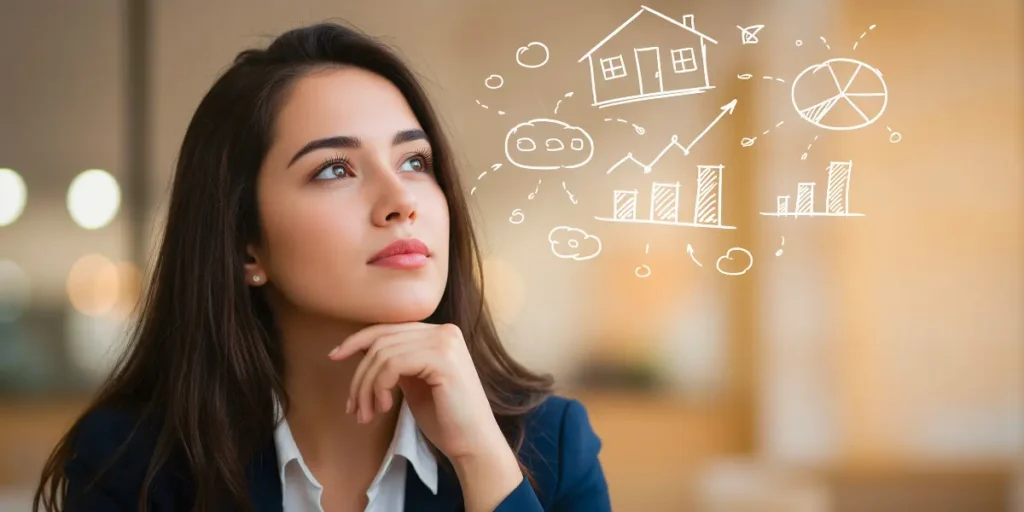 Gatilhos mentais para o mercado imobiliário Gatilhos mentais para o mercado imobiliário: A composição se concentra em uma mulher posicionada no lado esquerdo, seu olhar e postura chamando atenção para a parte superior direita, onde diversos elementos ilustrativos flutuam, incluindo uma casa, gráficos financeiros e balões de fala. Esses elementos estão organizados como se emanassem de sua mente, indicando pensamentos ou aspirações.