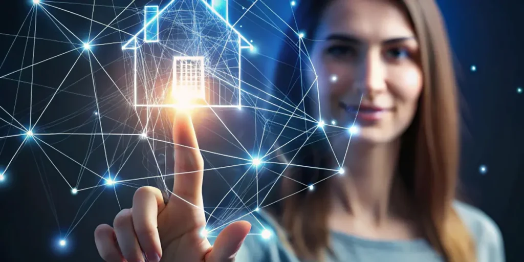 IA para corretores de imóveis: A composição centraliza-se na interação entre a mulher e a imagem digital da casa. A mulher está ligeiramente desfocada, com um sorriso suave, indicando uma interação intuitiva com a representação. A casa digital, posicionada no centro, é o foco visual principal, cercada por uma rede de linhas e pontos brilhantes que sugerem uma conexão digital.