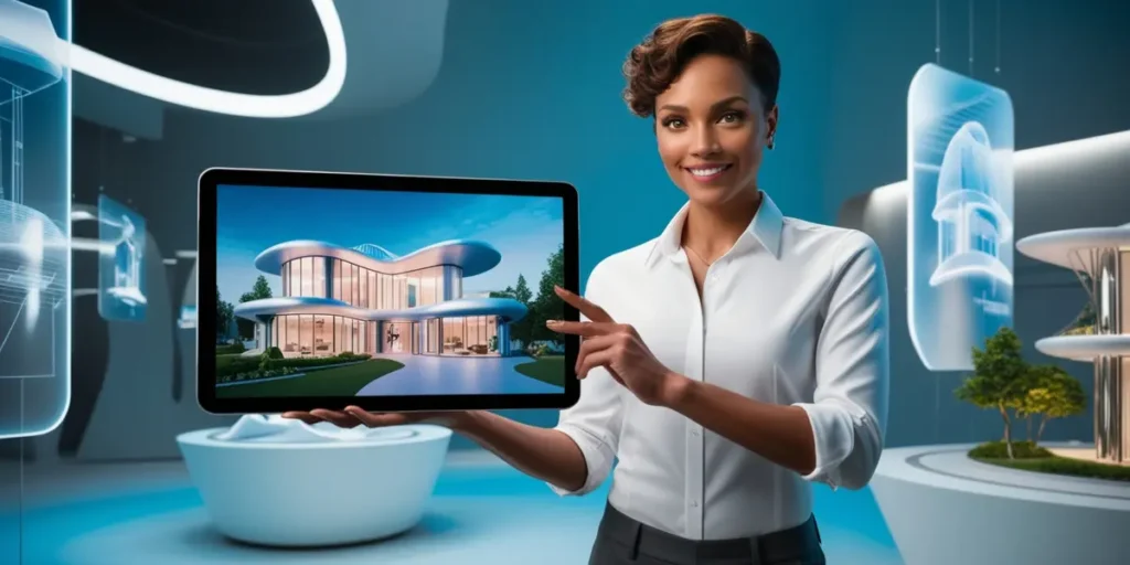 IA para corretores de imóveis: A composição centraliza a mulher, que está ligeiramente deslocada do centro, com o tablet estendido para o espectador. Ela parece estar apresentando a casa, como se fosse uma vendedora ou arquiteta. A ação de apontar para a tela destaca a casa, que se encontra em destaque. A posição dela e a direção do olhar guiam o olho do espectador através da imagem.