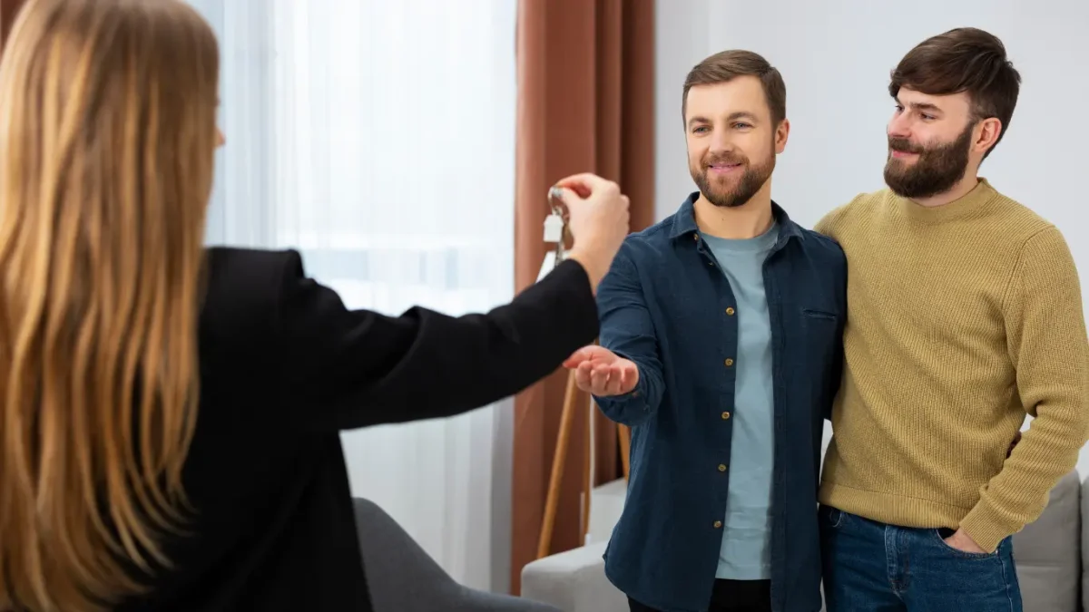 Na imagem, aparecem duas pessoas (um casal de homens) em um ambiente que parece ser um apartamento ou sala. Na frente deles, tem uma mulher de costas (provavelmente corretora ou atendente) entregando uma chave para um deles, que está com a mão estendida para receber. O clima da cena é de conquista/fechamento de negócio, bem típico de compra ou aluguel de imóvel. experiência do cliente imobiliário