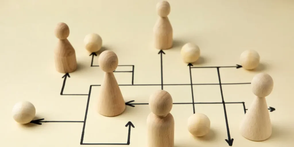 Parcerias imobiliárias estratégicas: A imagem é apresentada em um arranjo de cima para baixo, com as linhas pretas formando um diagrama em grade e interligando as figuras de madeira, que parecem ser peões de um jogo ou marcadores em um organograma. Há um total de sete figuras de madeira em forma de cone, com um topo arredondado, e quatro esferas de madeira simples. As linhas conectam algumas figuras e esferas, indicando um fluxo ou uma relação entre elas.