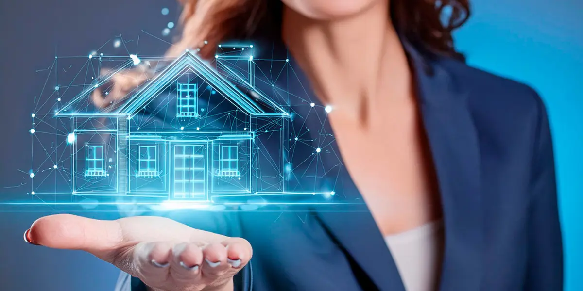 Inovação imobiliária: A composição da cena é centrada na mão estendida de uma mulher, que parece estar segurando ou apresentando o holograma de uma casa.