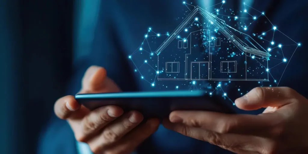 Inovação imobiliária: A composição da cena é centralizada na imagem de mãos de homem segurando um smartphone. Um gráfico de casa, representado em linhas finas e etéreas, está posicionado acima do smartphone, sugerindo que a tecnologia móvel está a controlar ou a apresentar informações sobre a casa. Há uma rede de pontos e linhas que se interligam  em torno da casa.