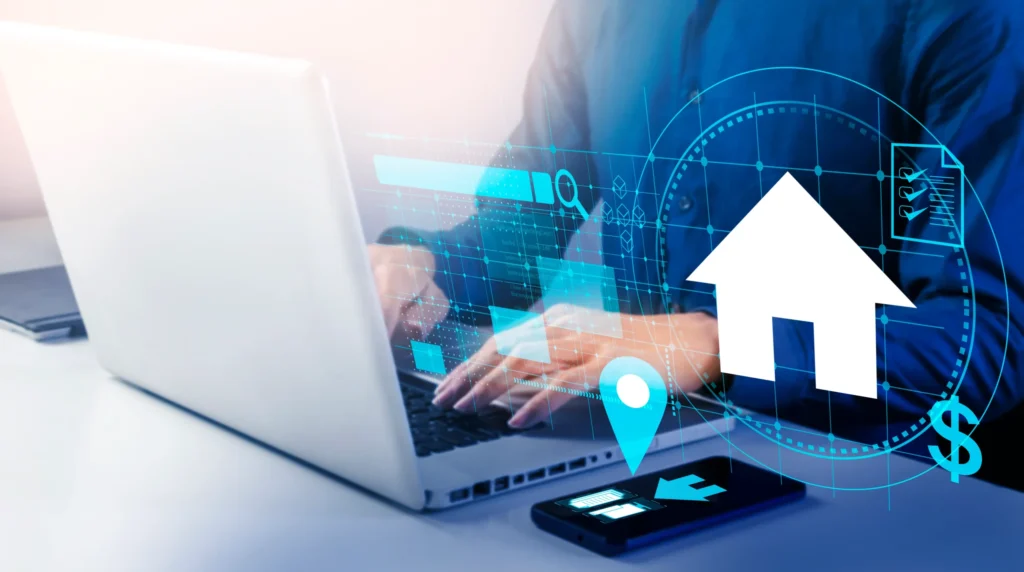 Otimização de vendas imobiliárias Otimização de vendas imobiliárias: Uma pessoa usando um laptop está cercada por uma sobreposição digital de ícones e gráficos relacionados a imóveis, sugerindo uma análise ou gerenciamento de dados de propriedades.
