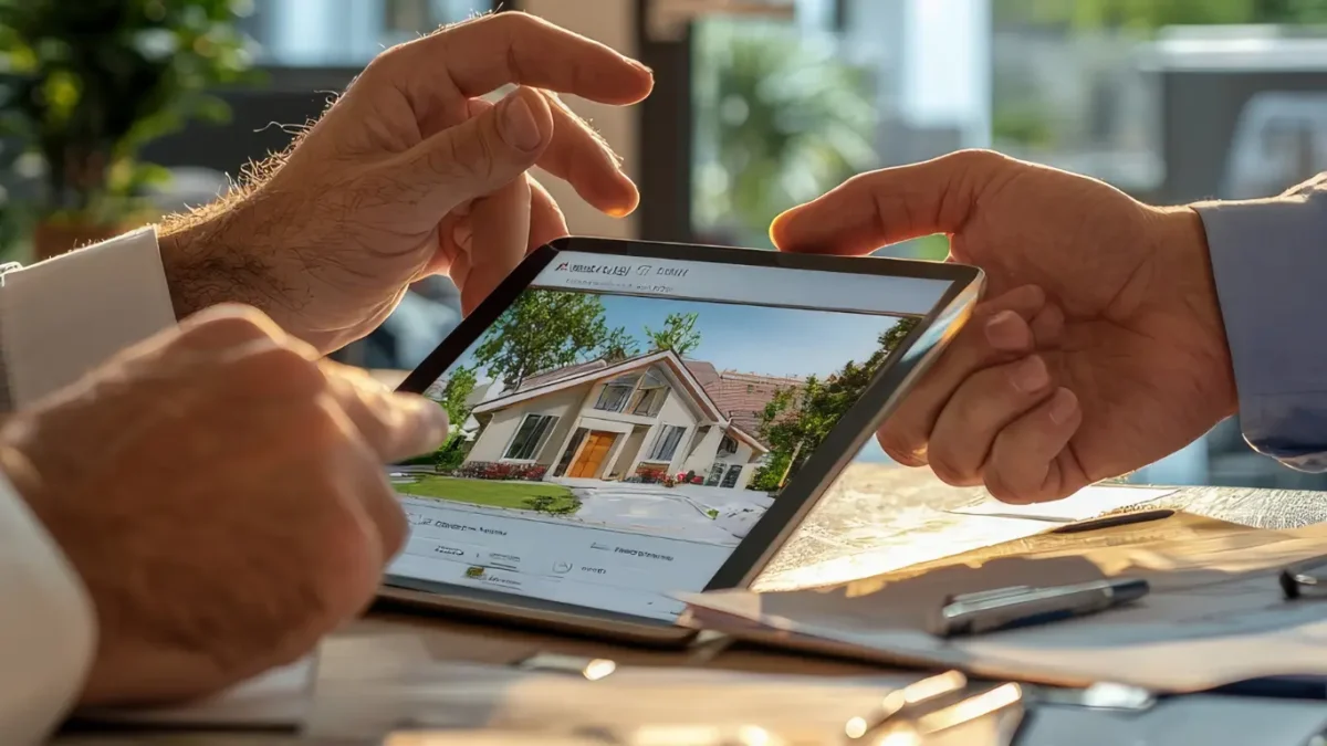 Duas pessoas analisando em um tablet o anúncio de uma casa à venda, durante uma reunião sobre negociação ou compra de imóvel.