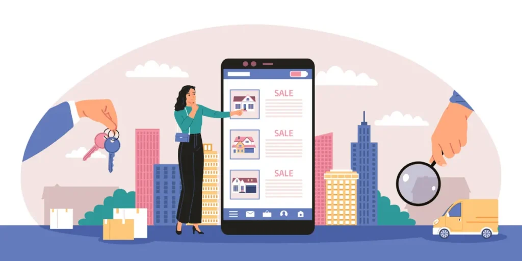 Como funciona a plataforma de imóveis Avendre: Uma ilustração vetorial colorida representa o processo de compra e venda de imóveis através de um aplicativo móvel. No centro, um grande smartphone exibe uma lista de imóveis para venda, com a principal figura feminina interagindo com a tela, tocando em uma das propriedades. À esquerda, uma mão estende um molho de chaves, À direita, outra mão segura uma lupa sobre um ícone. Caixas de papelão empilhadas no primeiro plano remetem a mudanças ou a entrega de bens relacionados a imóveis. Ao fundo, silhuetas de prédios urbanos e uma van amarela completam o cenário.