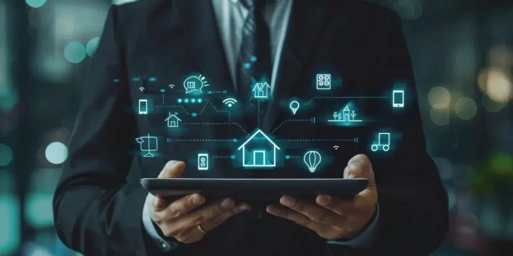 Futuro do corretor de imóveis: a imagem mostra um homem, que aparece somente do pescoço ao abdômen, vestindo um terno escuro formal com gravata. Nas mãos posicionadas para frente ele segura  nas bordas do tablet. Da tela do aparelho saem hologramas com ícones estilizados em tons de ciano brilhante, incluindo representações de casas, dispositivos móveis, redes Wi-Fi e outros elementos de IoT, desenhados com traços finos e minimalistas que transmitem uma estética de alta tecnologia e eficiência.