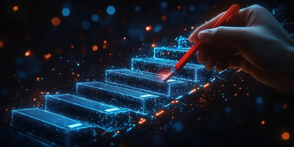 Futuro do corretor de imóveis: Uma representação digital evocativa mostra uma mão humana utilizando uma caneta vermelha vibrante para desenhar ou interagir com uma escadaria de degraus brilhantes, formados por partículas de luz azul neon.