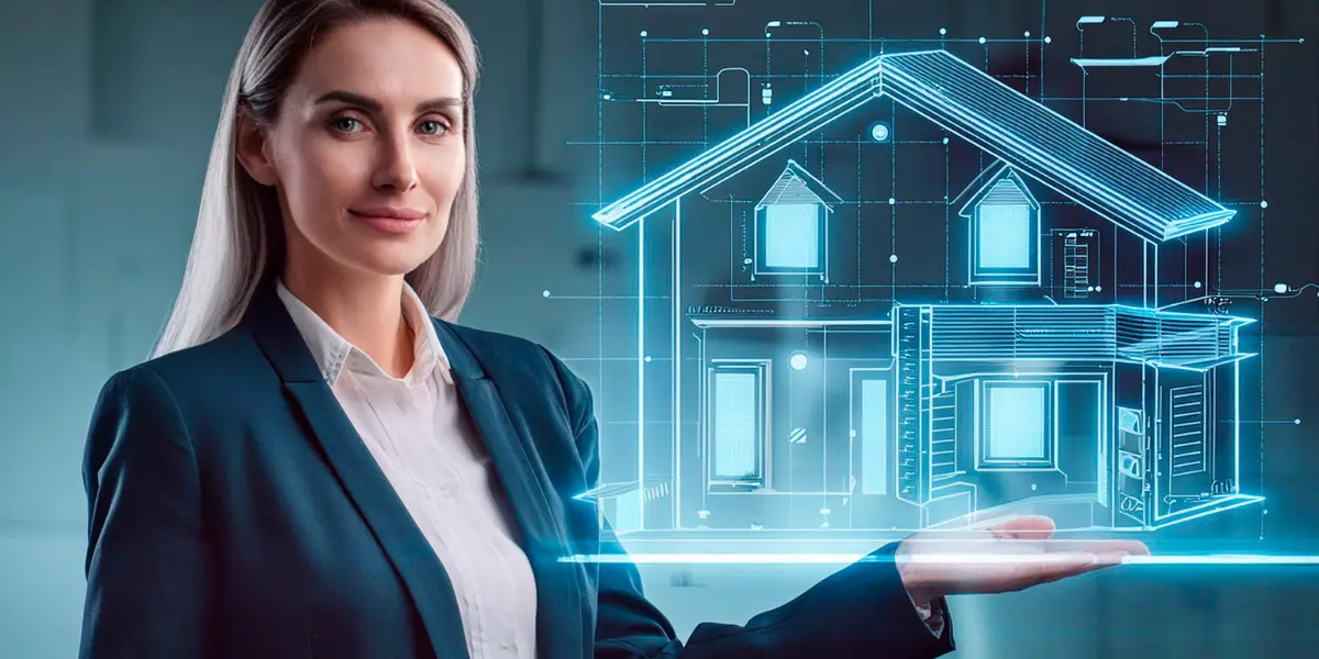 Futuro do corretor de imóveis: Esta imagem mostra uma mulher vestida em um terno escuro. Ela está com uma das mãos estendidas para o lado, apresentando um holograma digital detalhado de uma residência, simbolizando a convergência entre tecnologia avançada, inovação arquitetônica e o futuro do design imobiliário.