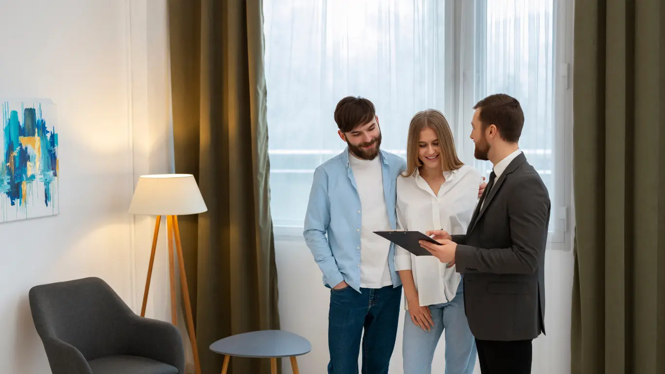 canal de vendas imobiliário: A composição da cena é centrada na interação entre os três indivíduos. O corretor, posicionado à direita, segura uma prancheta e parece explicar algo ao casal, que está à esquerda, olhando atentamente para o documento. A mulher do casal está ligeiramente à frente do homem, com um sorriso visível, e o homem também demonstra interesse. As cortinas escuras emolduram a cena em ambos os lados, enquanto uma janela grande ao fundo permite a entrada de luz natural, que ilumina suavemente o ambiente. Um quadro abstrato na parede à esquerda e um candeeiro de pé adicionam um toque moderno ao espaço.