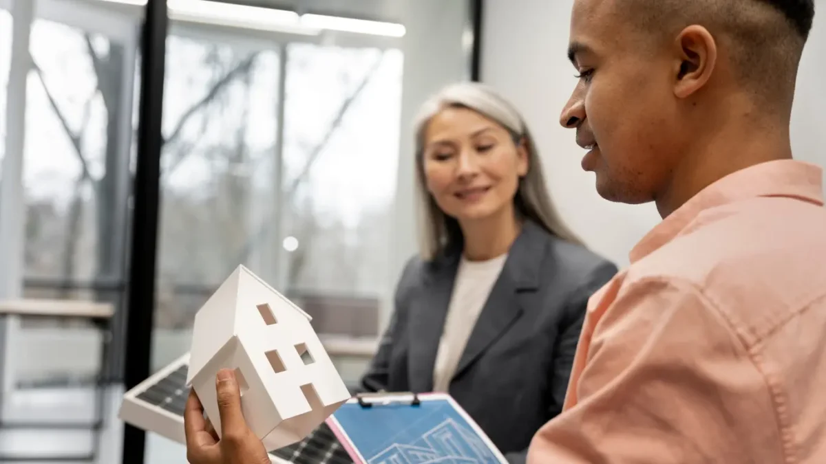 Profissionais do mercado imobiliário analisam uma maquete de imóvel e informações em um tablet durante uma reunião de negócios. sell-out imobiliário