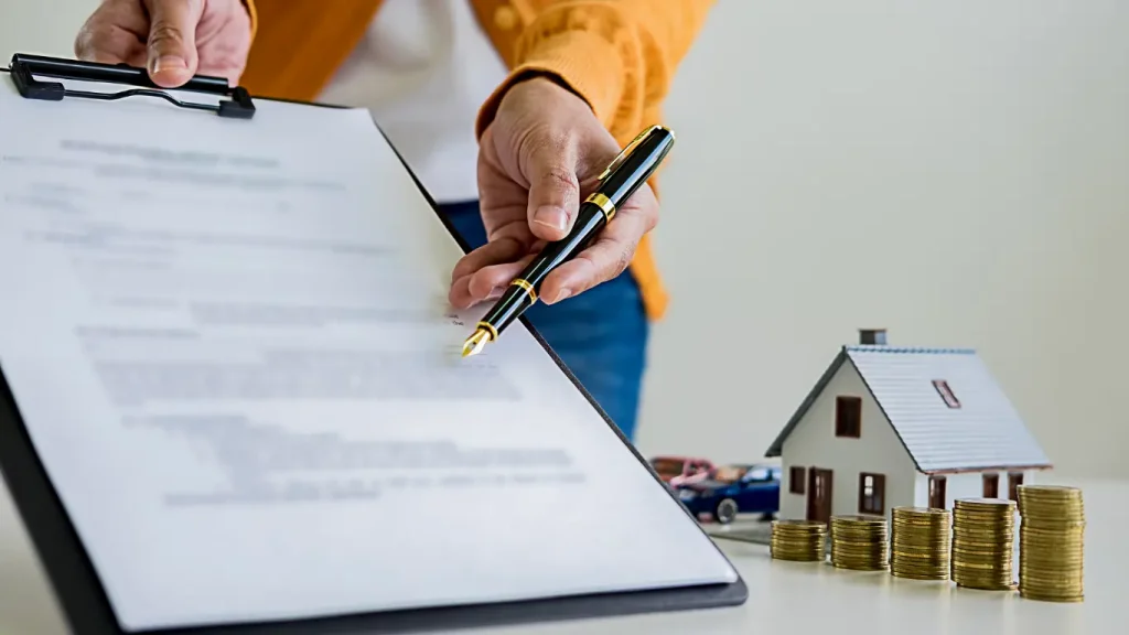 Plantão de vendas imobiliário: Uma pessoa analisa documentos com uma caneta ao lado de uma maquete de casa e pilhas de moedas, sugerindo uma conversa sobre compra de imóvel, financiamento ou planejamento financeiro.