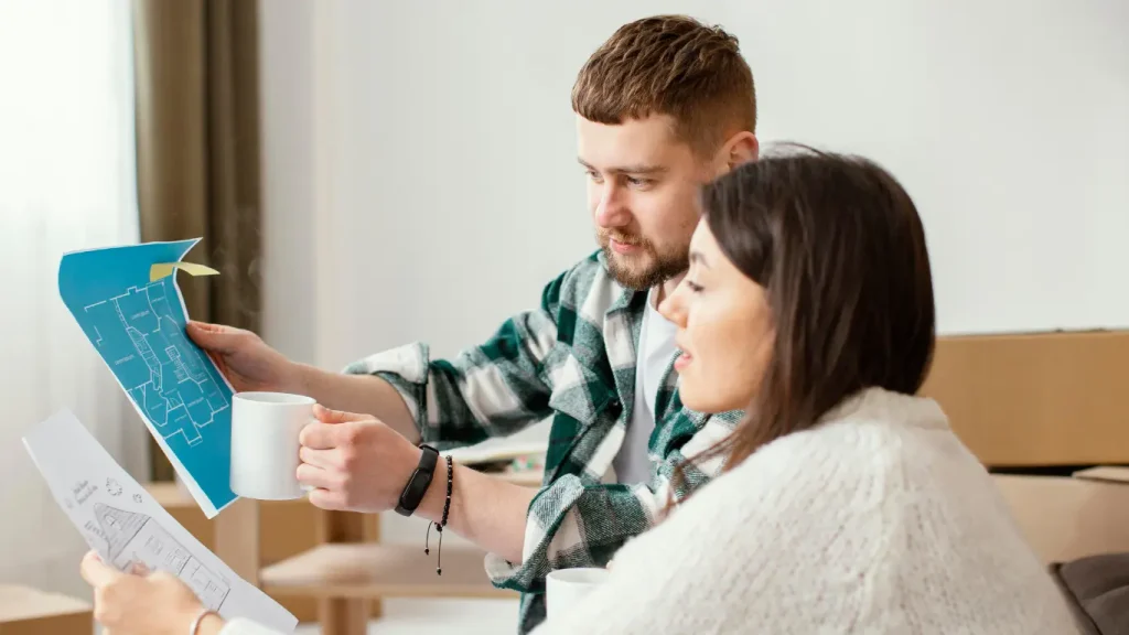  plantão de vendas imobiliário: O homem segura uma folha azul com desenhos esquemáticos, enquanto a mulher observa o material; ambos parecem discutir os detalhes. Uma caneca branca está próxima das mãos do homem, e folhas com outros esboços aparecem em primeiro plano, sugerindo uma atividade de planejamento ou revisão. O enquadramento aproxima os personagens e os documentos, destacando a interação entre eles.